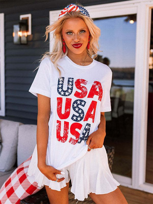 New Independence Day loose casual USA printed short-sleeved T-shirt White