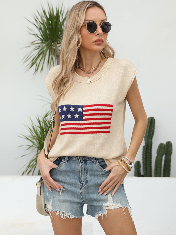 New Independence Day Round Neck Flag Knit Short Sleeve Sweater