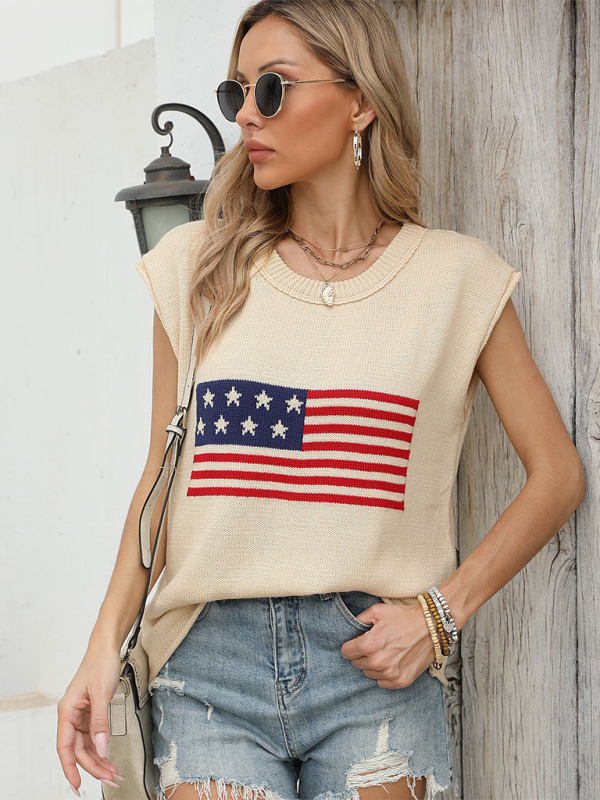 New Independence Day Round Neck Flag Knit Short Sleeve Sweater Cracker khaki