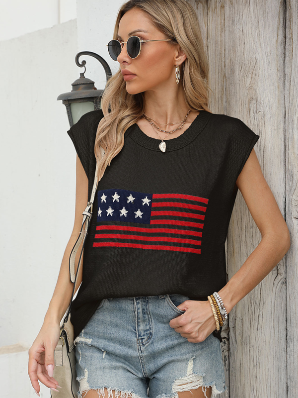 New Independence Day Round Neck Flag Knit Short Sleeve Sweater Black