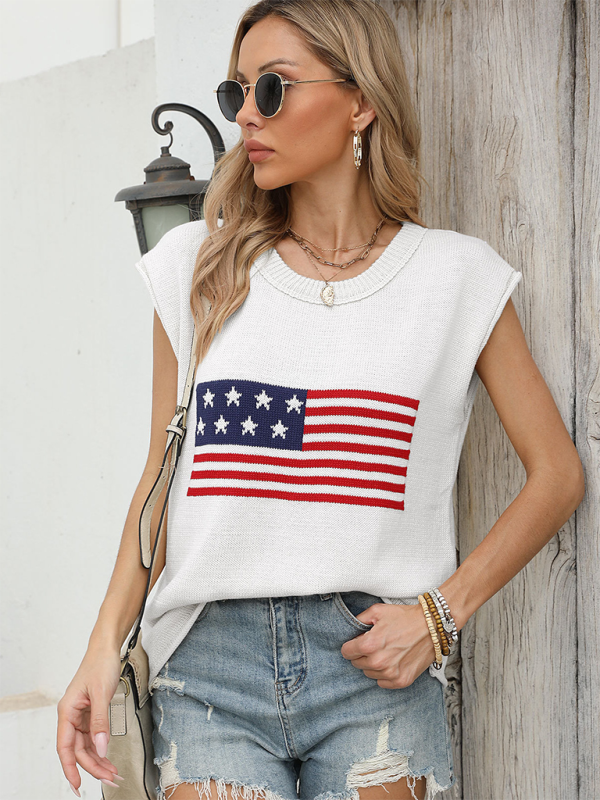 New Independence Day Round Neck Flag Knit Short Sleeve Sweater White