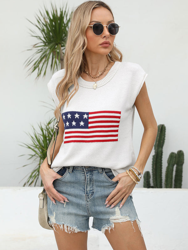 New Independence Day Round Neck Flag Knit Short Sleeve Sweater