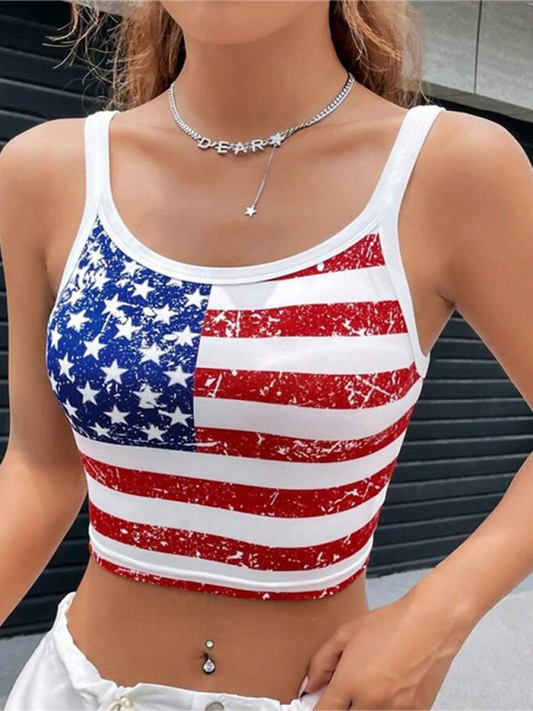 Independence Day flag print short slim fit Y2K navel-baring sexy top White