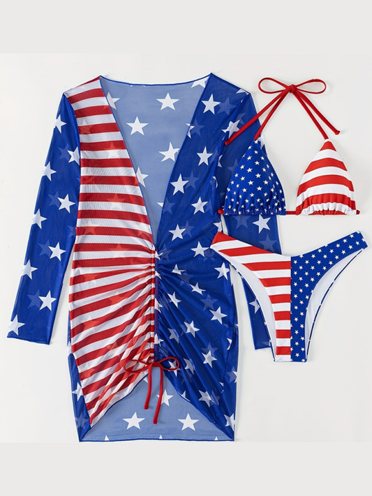 New Swimsuit Sleeveless Halter Loose Independence Day Flag Printed Yarn Three-piece Set Blue
