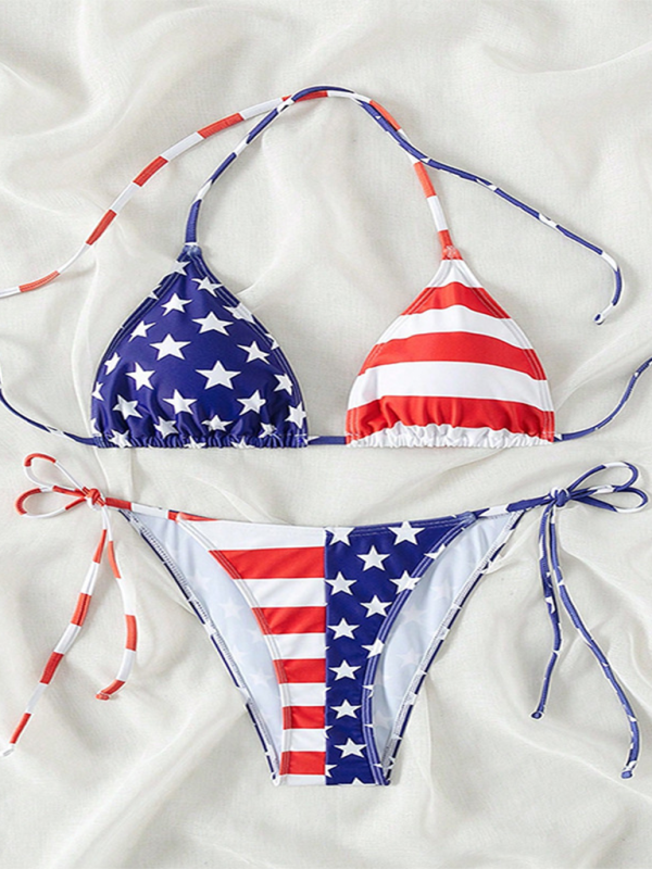 Lace-up swimsuit for women Independence Day flag print beach bikini