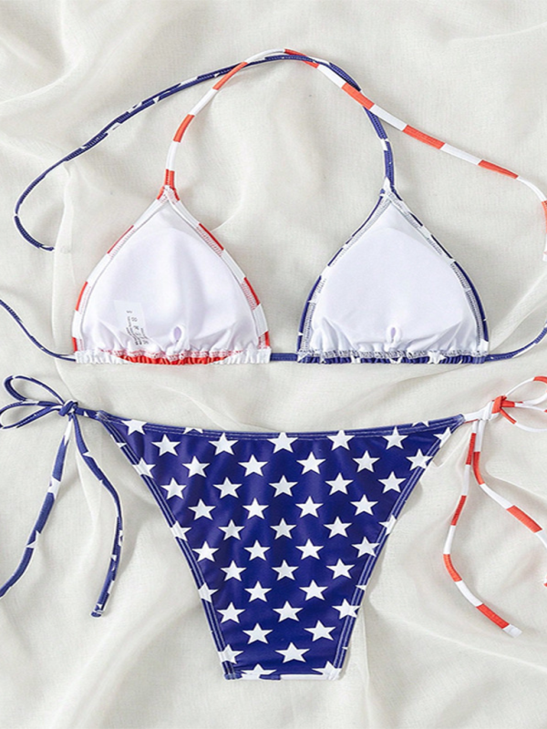 Lace-up swimsuit for women Independence Day flag print beach bikini Blue