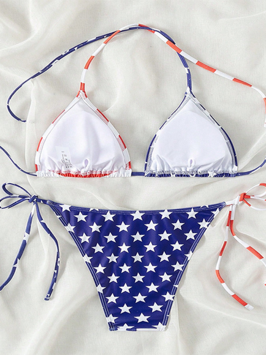 Lace-up swimsuit for women Independence Day flag print beach bikini Blue