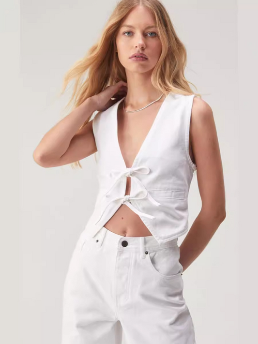 New Hot Girl Sexy Denim Deep V Vest White