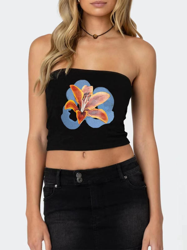 Women's personality street flower print sexy belly-baring top