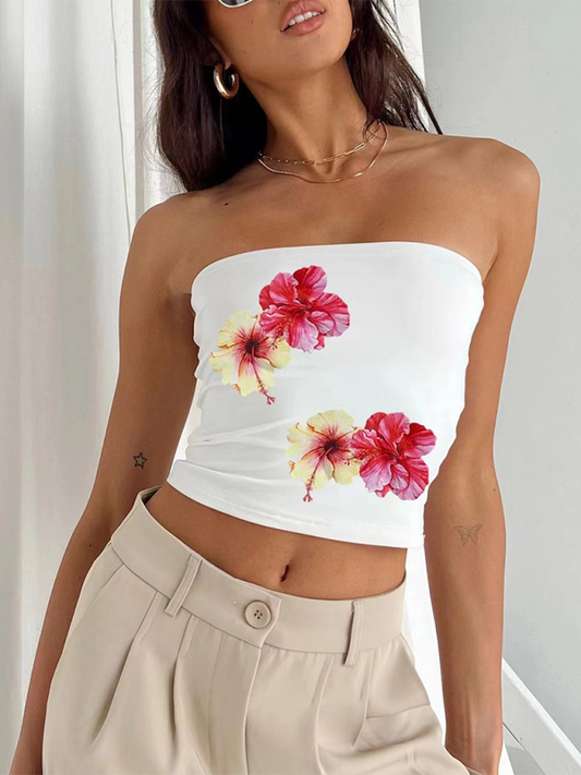 Women's personality street flower print sexy belly-baring top White