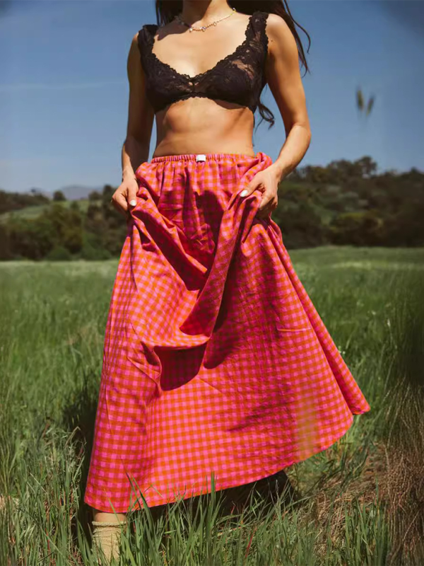 New plaid long skirt spring and summer fashion print personality skirt Red