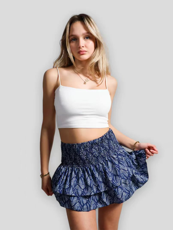 Women's skirt pleated skirt ruffled printed skirt fashionable floral short skirt Purplish blue navy