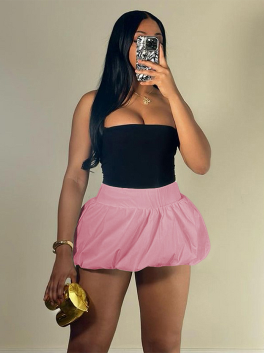 Ladies new style solid color versatile bubble skirt high waist ultra short skirt Pink