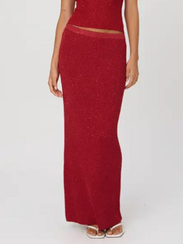 New women's simple sexy slim knitted skirt Red