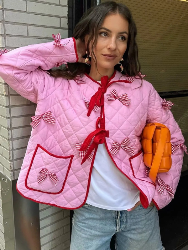 Bow embroidered quilted jacket Pink