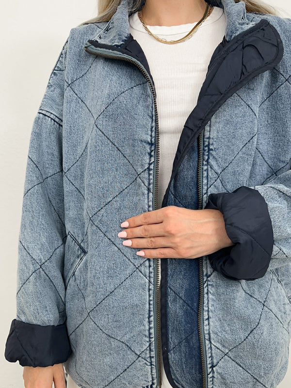 Denim Quilted Cotton Thick Lapel Loose Double Pocket Jacket