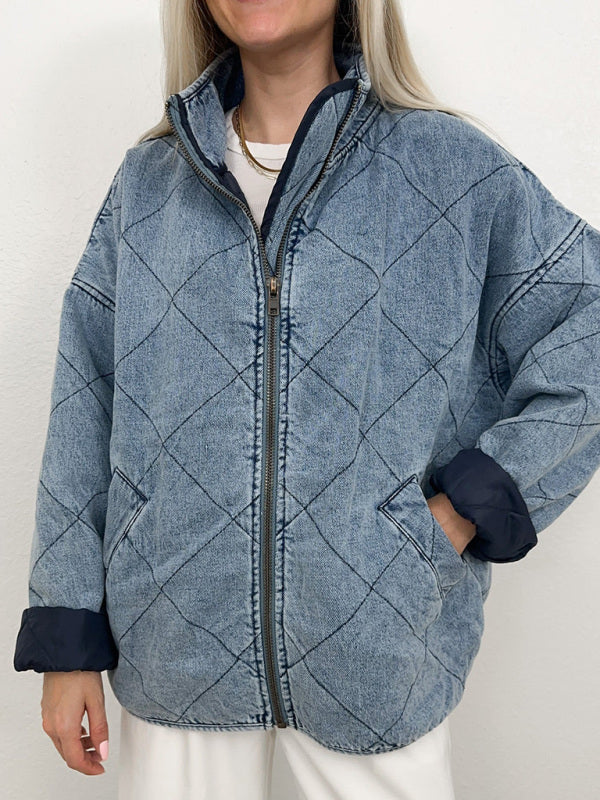 Denim Quilted Cotton Thick Lapel Loose Double Pocket Jacket