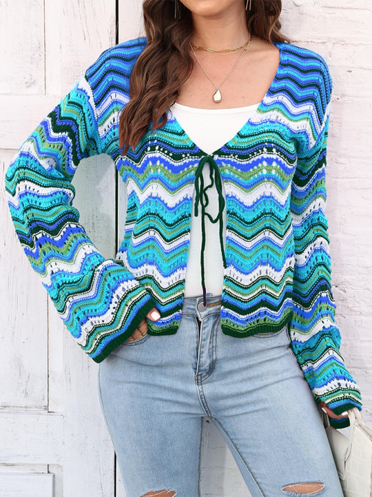 Rainbow Wave Woven Cardigan Sweater with Monochrome Stripes Blue