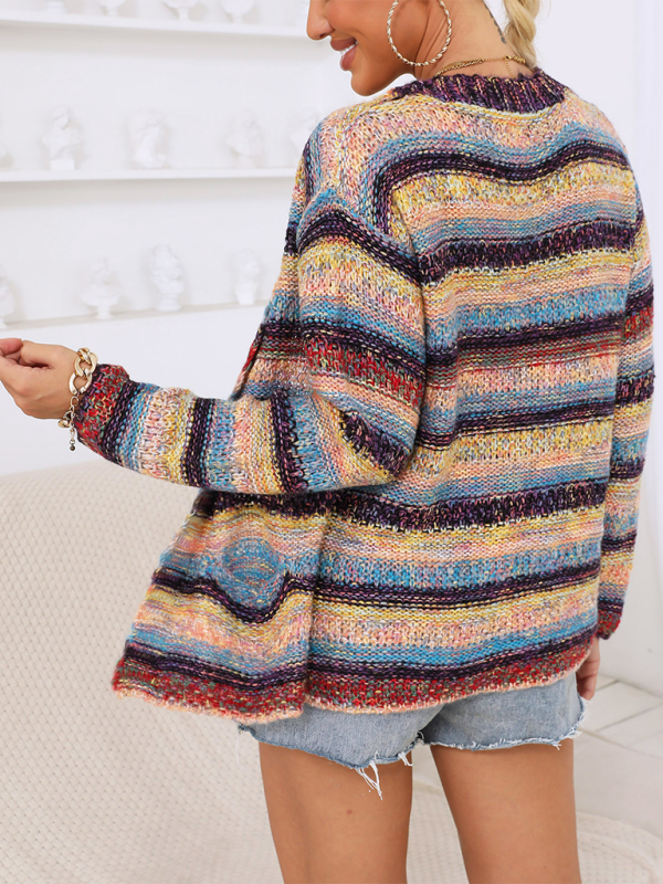 Heather Stripe Woven Warm Jacket Double Pocket Buttonless Cardigan Sweater