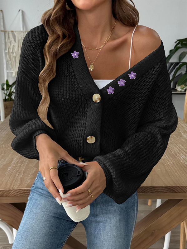 Floral Embroidered Applique Cropped Button Cardigan Sweater Black