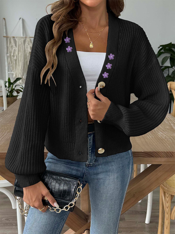 Floral Embroidered Applique Cropped Button Cardigan Sweater