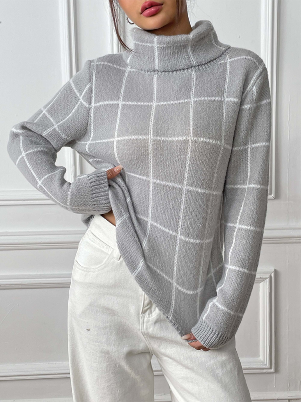 Contrast Plaid Turtleneck Sweater Top Grey