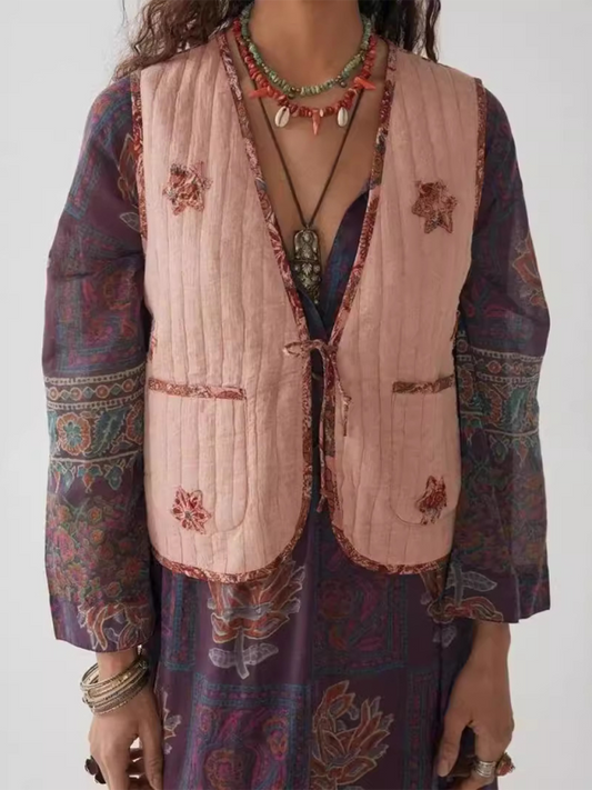 Reversible Printed Lace-Up Cotton Vest Pink