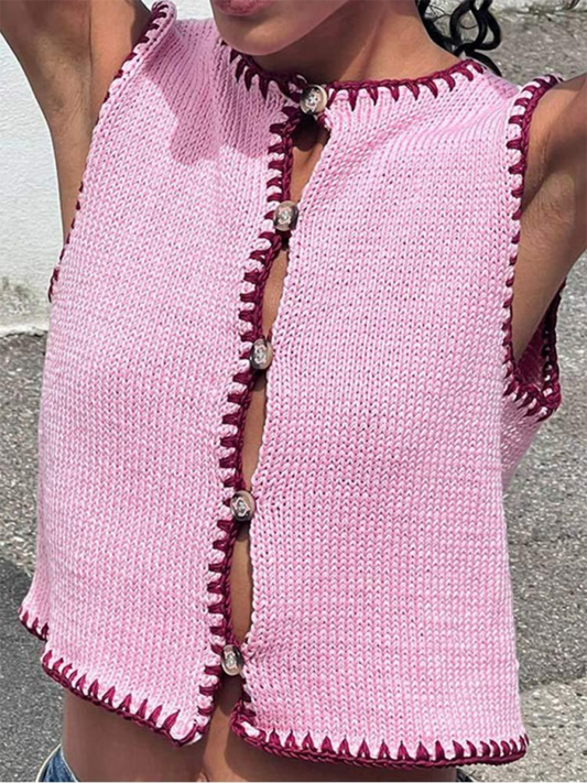 New contrast color round neck button knitted vest Pink