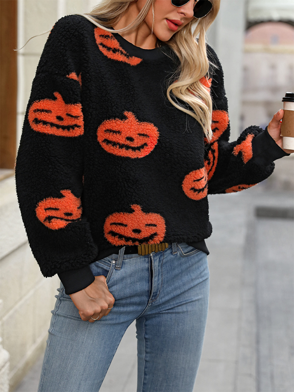 Fashion Loose Halloween Print Plush Loose Pullover Sweatshirt Orange