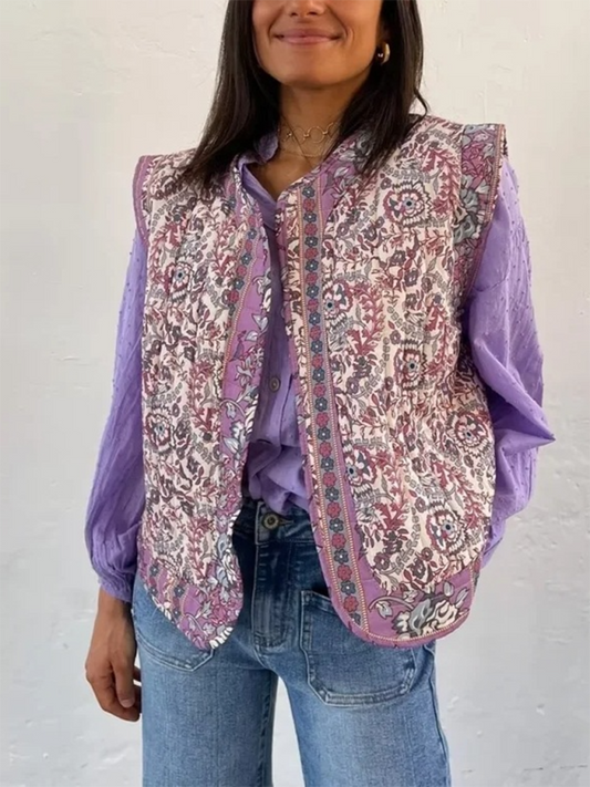 Vintage Print Quilted Cotton Vest Purple