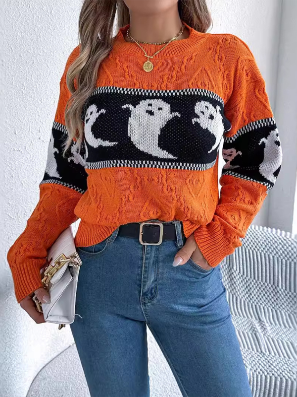 Halloween Themed Spooky Clashing Color Knit Long Sleeve Pullover Sweater Orange