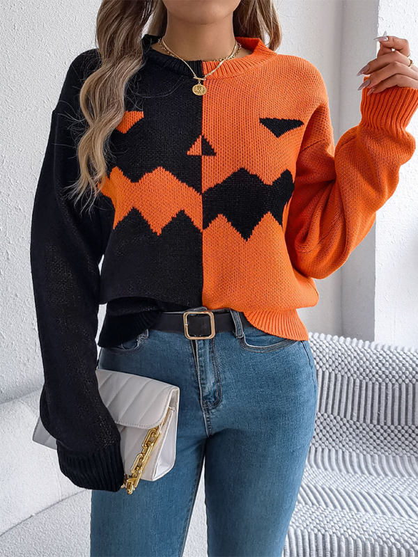 Halloween Spooky Pumpkin Clashing Color Knit Long Sleeve Pullover Sweater Orange