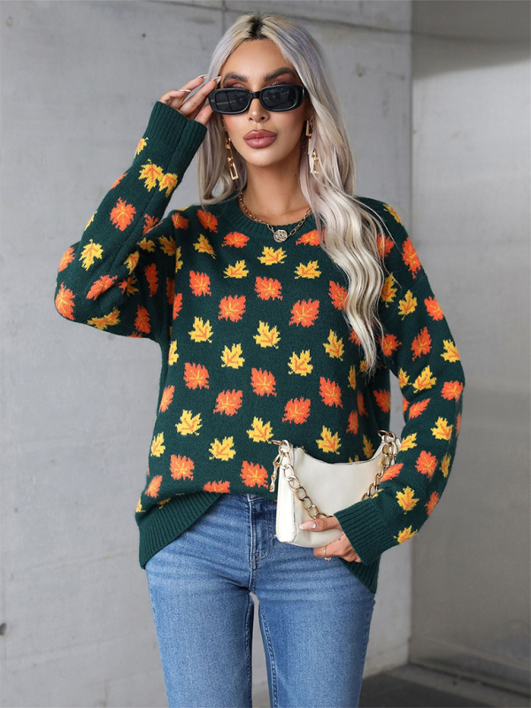 Halloween Maple Leaf Christmas Crew Neck Sweater Knit Bottom Sweater