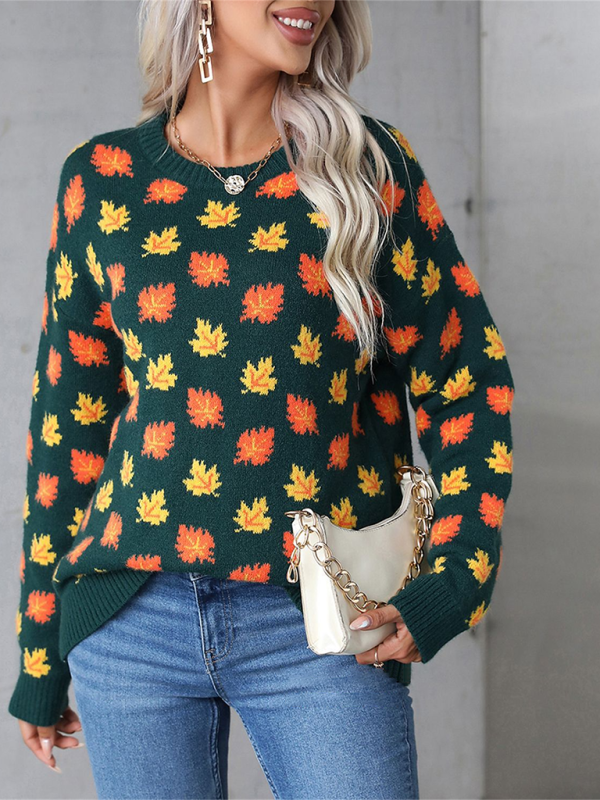 Halloween Maple Leaf Christmas Crew Neck Sweater Knit Bottom Sweater Green black jasper