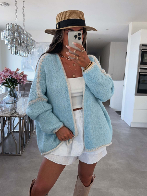 Knit Sweater Jacket Solid Color Loose Cardigan Clear blue