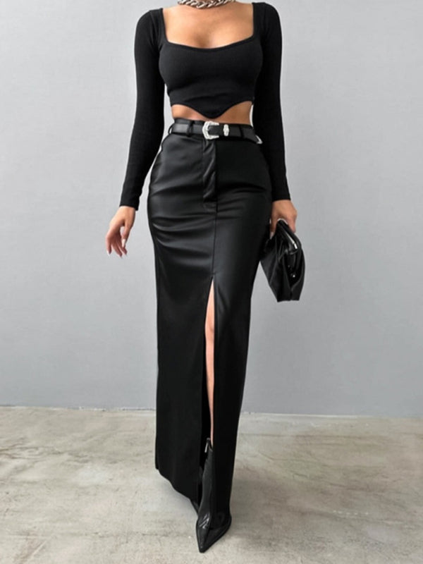 Women's Slit Solid Color High Waist Simple Leather Slim Skirt