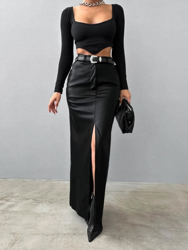 Women's Slit Solid Color High Waist Simple Leather Slim Skirt Black