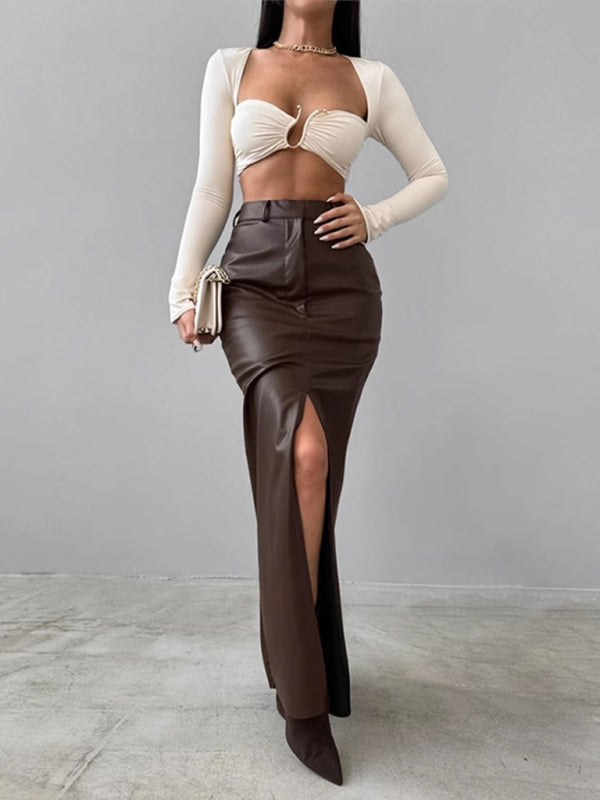 Women's Slit Solid Color High Waist Simple Leather Slim Skirt