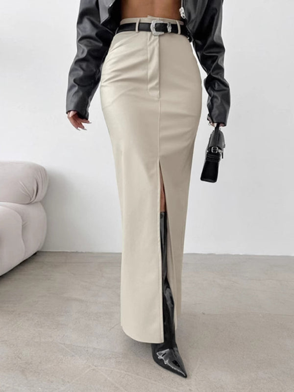 Women's Slit Solid Color High Waist Simple Leather Slim Skirt White