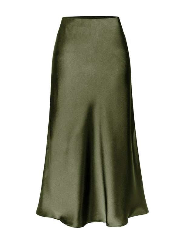 Satin High Waist Solid Color Split Midi Skirt Olive green