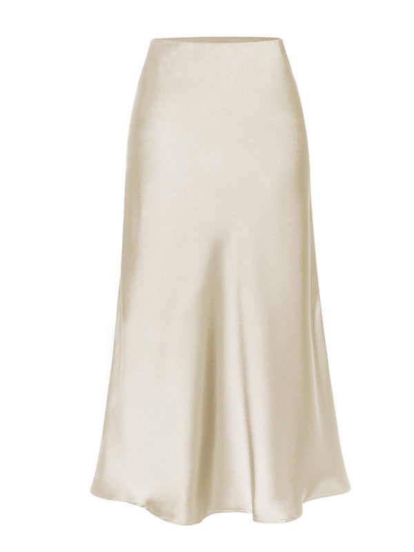 Satin High Waist Solid Color Split Midi Skirt Cream