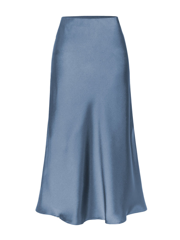 Satin High Waist Solid Color Split Midi Skirt Blue