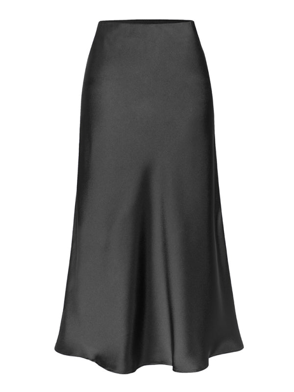 Satin High Waist Solid Color Split Midi Skirt