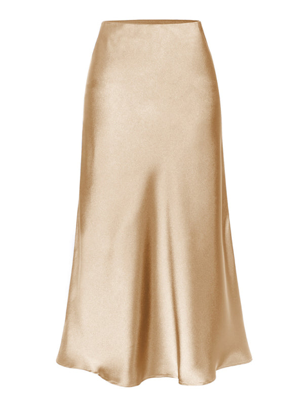 Satin High Waist Solid Color Split Midi Skirt Champagne