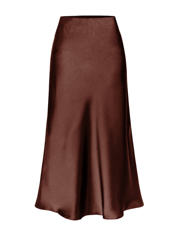 Satin High Waist Solid Color Split Midi Skirt Coffee