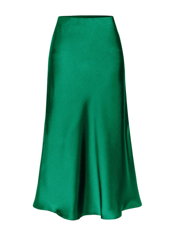 Satin High Waist Solid Color Split Midi Skirt Green black jasper