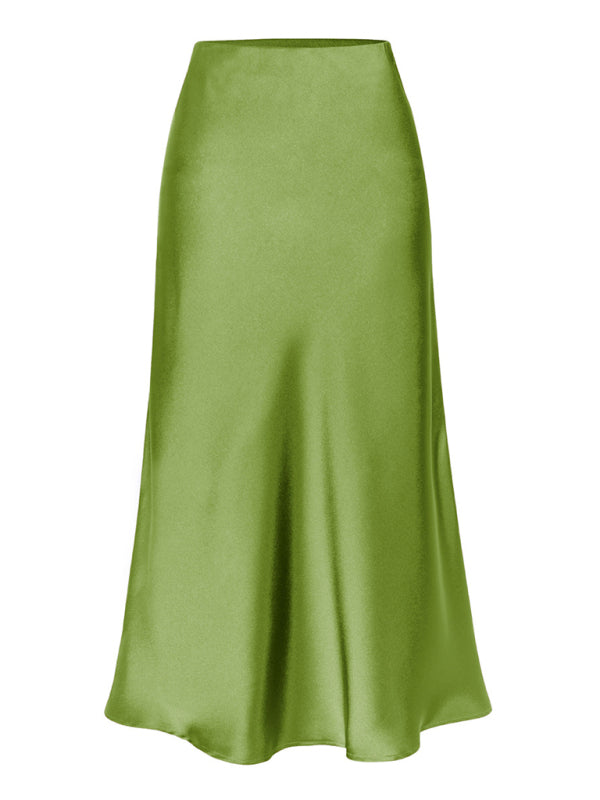 Satin High Waist Solid Color Split Midi Skirt Fruit green