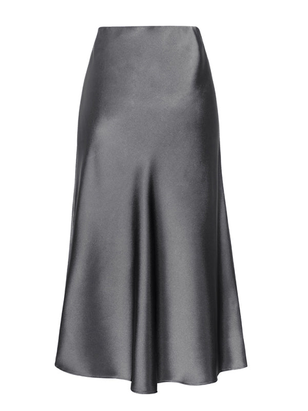 Satin High Waist Solid Color Split Midi Skirt Grey