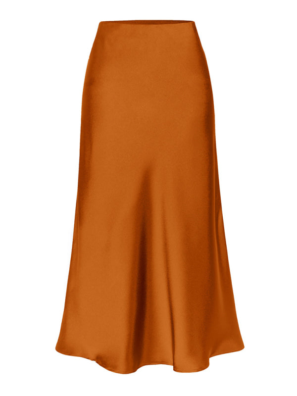 Satin High Waist Solid Color Split Midi Skirt caramel