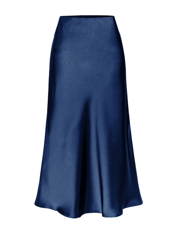 Satin High Waist Solid Color Split Midi Skirt Champlain color